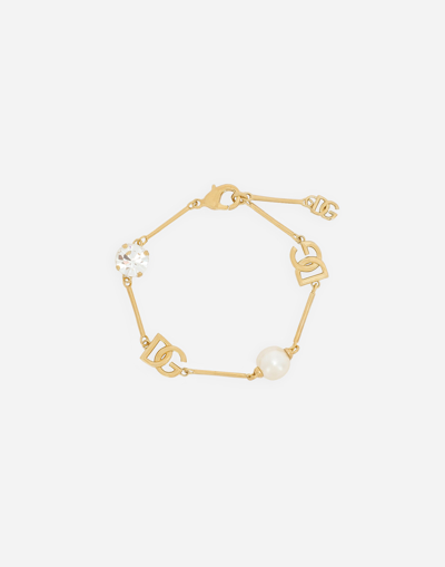 Shop Dolce & Gabbana Bracelet With Dg Logo, Rhinestones And Beads In Gold