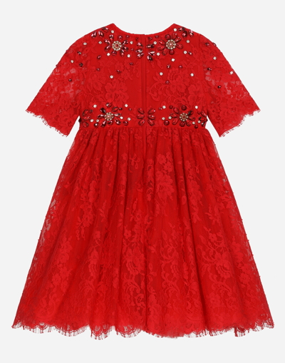 Dolce & Gabbana Chantilly Lace Dress With Gemstones In Red