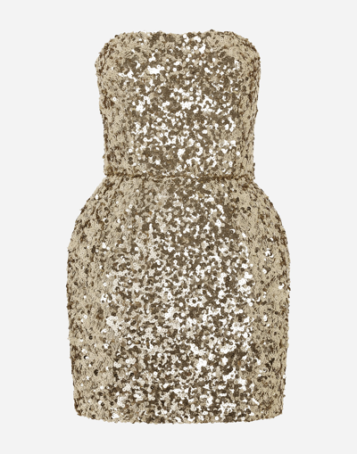 Shop Dolce & Gabbana Short Sequined Strapless Dress In Gold