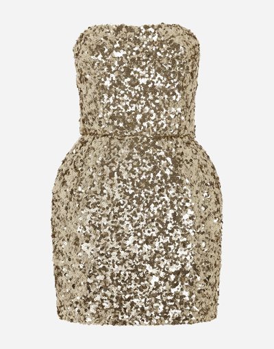 Dolce & Gabbana Sequined Strapless Mini Dress In Gold