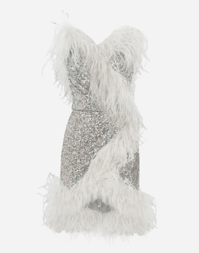 Dolce & Gabbana Short Sequined Wrap Dress With Feather Trims In Silver