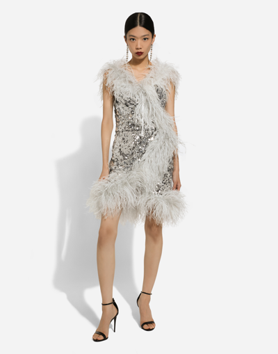 Dolce & Gabbana Short Sequined Wrap Dress With Feather Trims In Silver