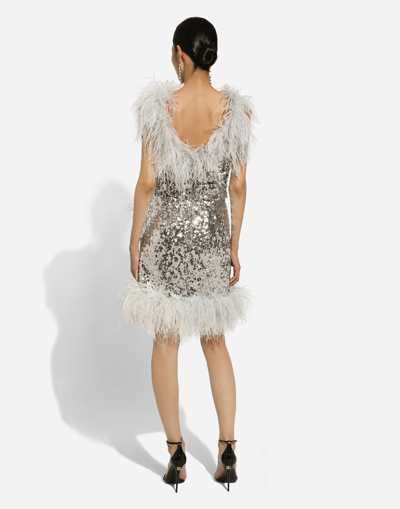 Dolce & Gabbana Short Sequined Wrap Dress With Feather Trims In Silver