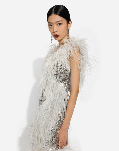 Dolce & Gabbana Short Sequined Wrap Dress With Feather Trims In Silver