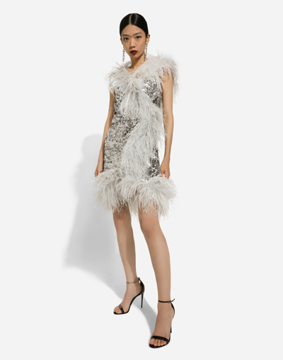 Dolce & Gabbana Short Sequined Wrap Dress With Feather Trims In Silver