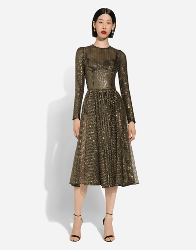 Dolce & Gabbana Long-sleeved Sequined Midi Dress In Gold