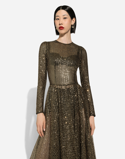 Dolce & Gabbana Long-sleeved Sequined Midi Dress In Gold