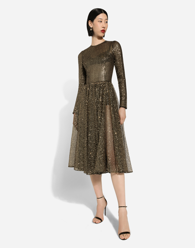 Dolce & Gabbana Long-sleeved Sequined Midi Dress In Gold