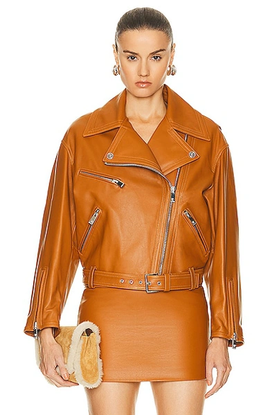 Shop Versace Leather Jacket In Caramel