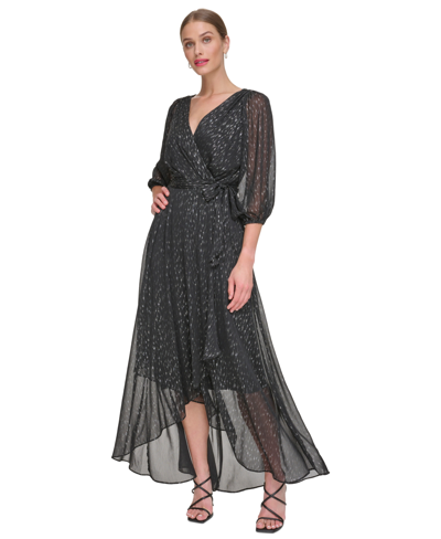 Shop Dkny Women's Metallic Chiffon Faux-wrap Dress In Black,silver
