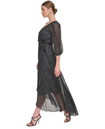 Shop Dkny Women's Metallic Chiffon Faux-wrap Dress In Black,silver