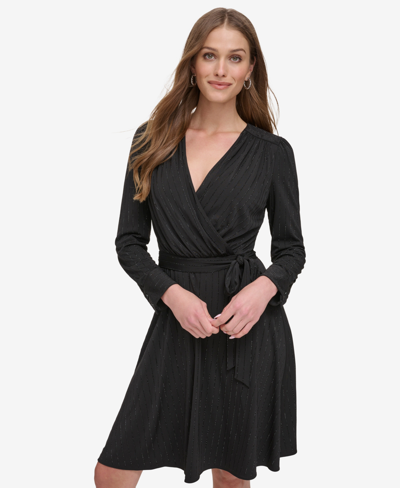 Shop Dkny Women's Embellished Faux-wrap Dress In Black