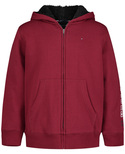 Shop Tommy Hilfiger Toddler Boys Screen Long Sleeve Zip Sherpa- 100% Polyester Hoodie In Rouge