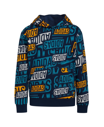Shop Adidas Originals Big Boys Long Sleeve Brand Sticker Printed Fleece Hoodie In Collegiate Navy With Pulse Aqua