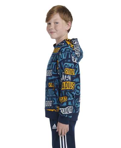 Shop Adidas Originals Big Boys Long Sleeve Brand Sticker Printed Fleece Hoodie In Collegiate Navy With Pulse Aqua
