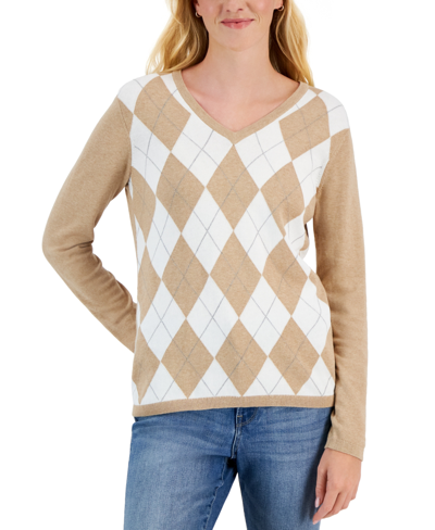 Shop Tommy Hilfiger Women's Ivy Argyle V-neck Sweater In Fawn,ivory