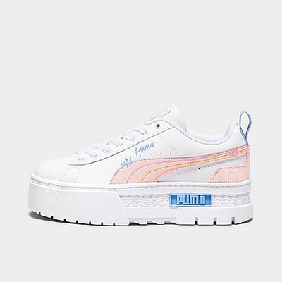 Shop Puma Girls' Big Kids' Mayze Sweater Weather Casual Shoes In  White/blissful Blue/peach Smoothie
