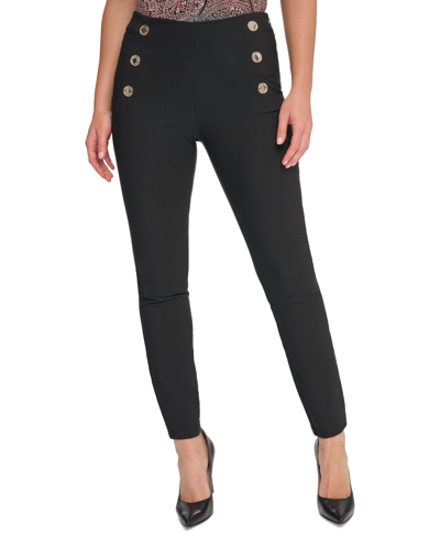 Shop Tommy Hilfiger Women's High-rise Button Skinny Pants In Black