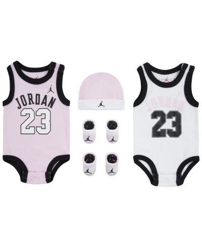 Shop Jordan Baby Boys And Girls Jumpman Jersey Bodysuit, Hat And Booties Gift Box Set, 5 Piece In Pink Foam