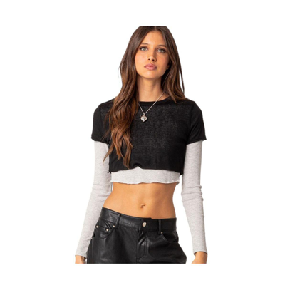 Shop Edikted Women's Layered Long Sleeve T Shirt In Black-and-gray