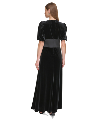 Shop Dkny Women's Velvet Triangle-point Balloon-sleeve Gown In Black,black