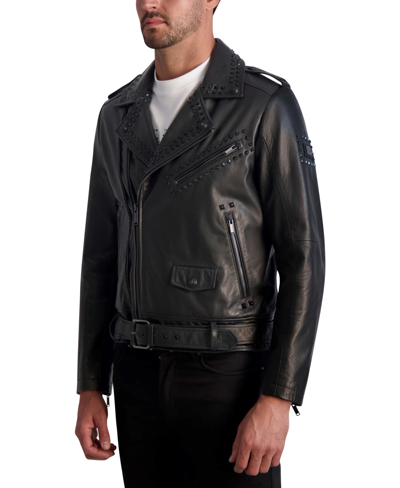 Shop Karl Lagerfeld White Label Men's Slim Fit Studded Leather Asymmetrical Zip Front Biker Jacket In Black