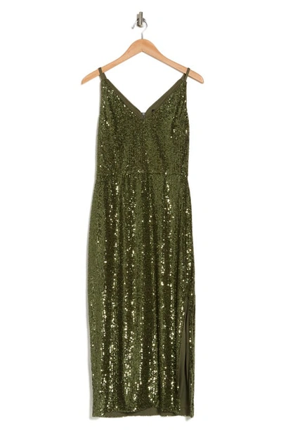 Shop Donna Morgan Sequin V-neck Midi Dress In Olive