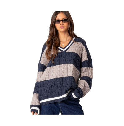 Shop Edikted Women's Romie V Neck Cable Knit Sweater In Navy