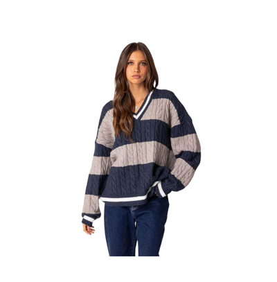 Shop Edikted Women's Romie V Neck Cable Knit Sweater In Navy