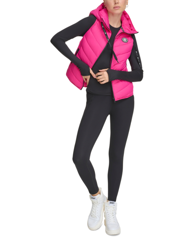 Shop Dkny Sports Women's Hooded Logo Puffer Vest In Matte Peacock Pink