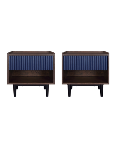 Manhattan Comfort Duane 2-piece Medium Density Fibreboard Ribbed 1-drawer Nightstand Set In Dark Brown And Navy Blue