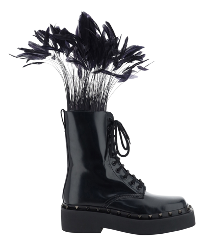 Shop Valentino Rockstud Combact Lace-up Boots In Black