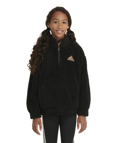 Shop Adidas Originals Big Girls Long Sleeve Mock Neck Furry Lurex Pullover Sweatshirt In Black With Gold