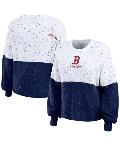 Shop Wear By Erin Andrews Women's  White, Navy Boston Red Sox Color Block Script Pullover Sweater In White,navy