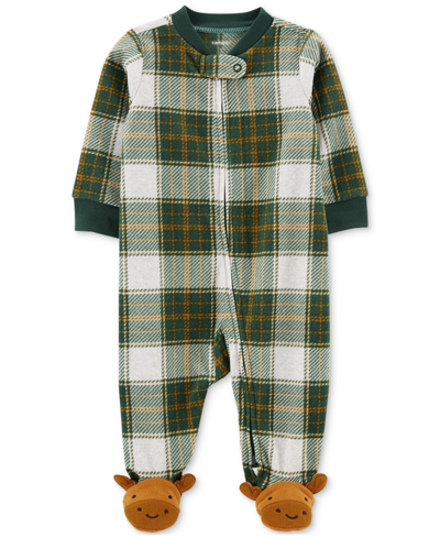 Shop Carter's Baby Boys Moose Plaid 2-way Zip Fleece Sleep & Play Footed Pajamas In Green