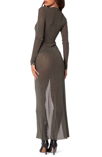 Edikted Glitter Side Slit Long Sleeve Mesh Maxi Dress In Olive