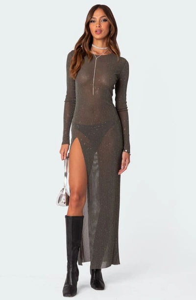 Shop Edikted Glitter Side Slit Long Sleeve Mesh Maxi Dress In Olive