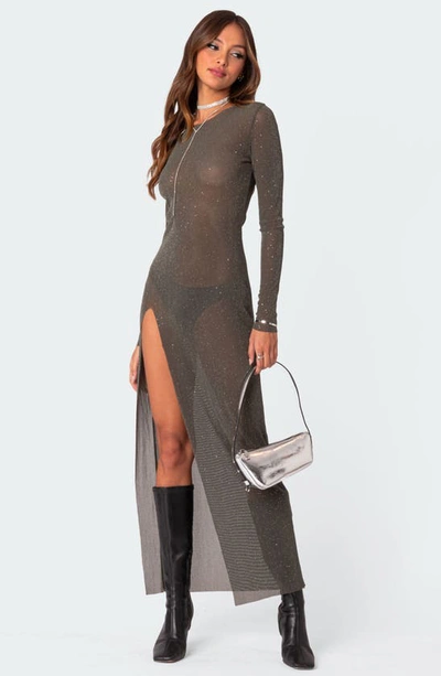 Shop Edikted Glitter Side Slit Long Sleeve Mesh Maxi Dress In Olive