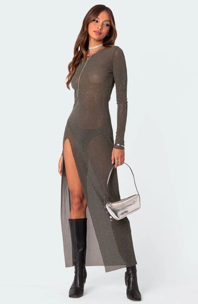Edikted Glitter Side Slit Long Sleeve Mesh Maxi Dress In Olive