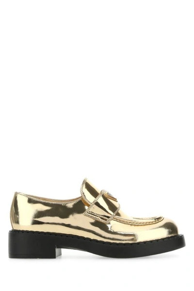 Shop Prada Woman Gold Leather Loafers