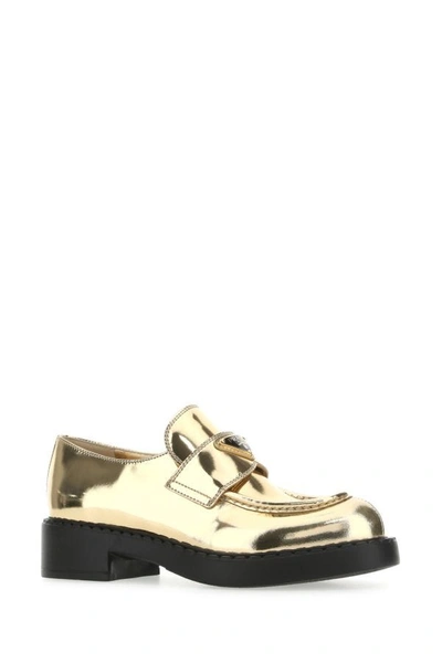 Shop Prada Woman Gold Leather Loafers