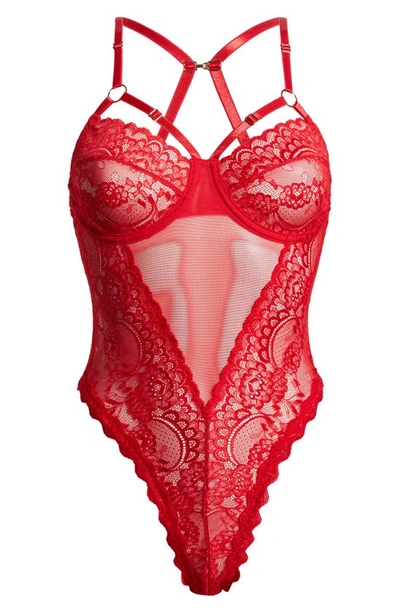 Shop Coquette Lace & Mesh Teddy In Red