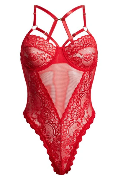 Coquette Lace & Mesh Teddy In Red