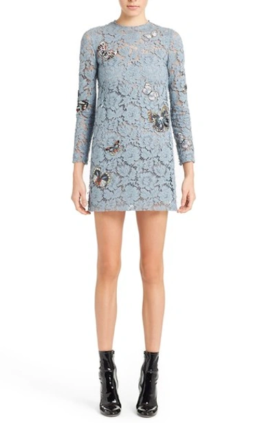 Shop Valentino Butterfly Embroidered Lace Dress In Slate Blue