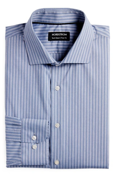 Shop Nordstrom Tech-smart Trim Fit Stripe Cotton Blend Dress Shirt In Blue Bijou Dotted Dbl Stripe