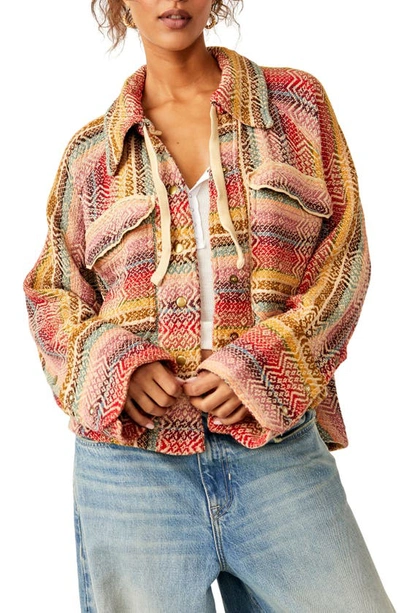 Shop Free People Rainbow Rays Cotton Snap-up Drawstring Cotton Overshirt In Sunset Comb0