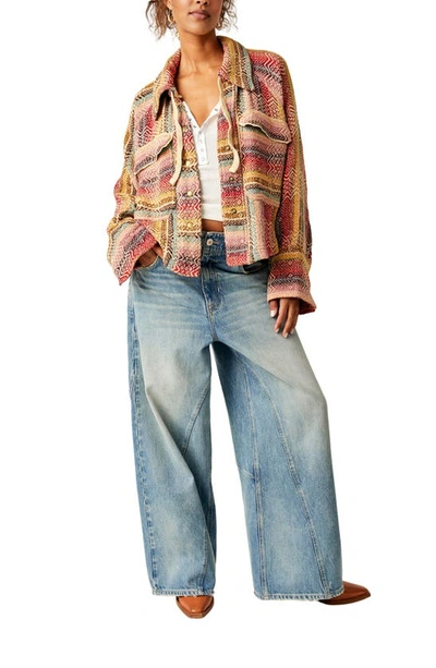 Free People Rainbow Rays Cotton Snap-up Drawstring Cotton Overshirt In Sunset Comb0