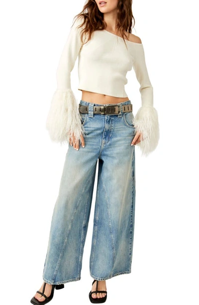 Shop Free People Marilyn Faux Feather Trim Off The Shoulder Crop Sweater In Ivory