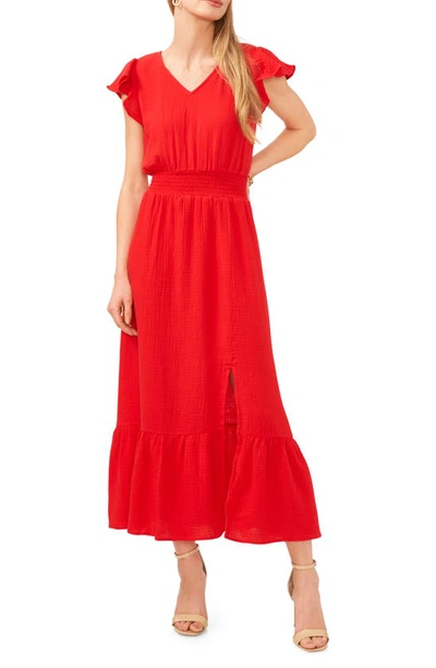 Shop Chaus Smocked Waist Double Gauze Midi Dress In Red