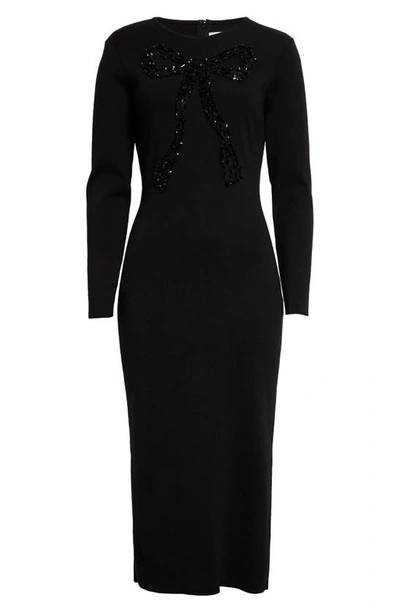 Shop Carolina Herrera Beaded Bow Long Sleeve Wool Blend Sweater Dress In Black